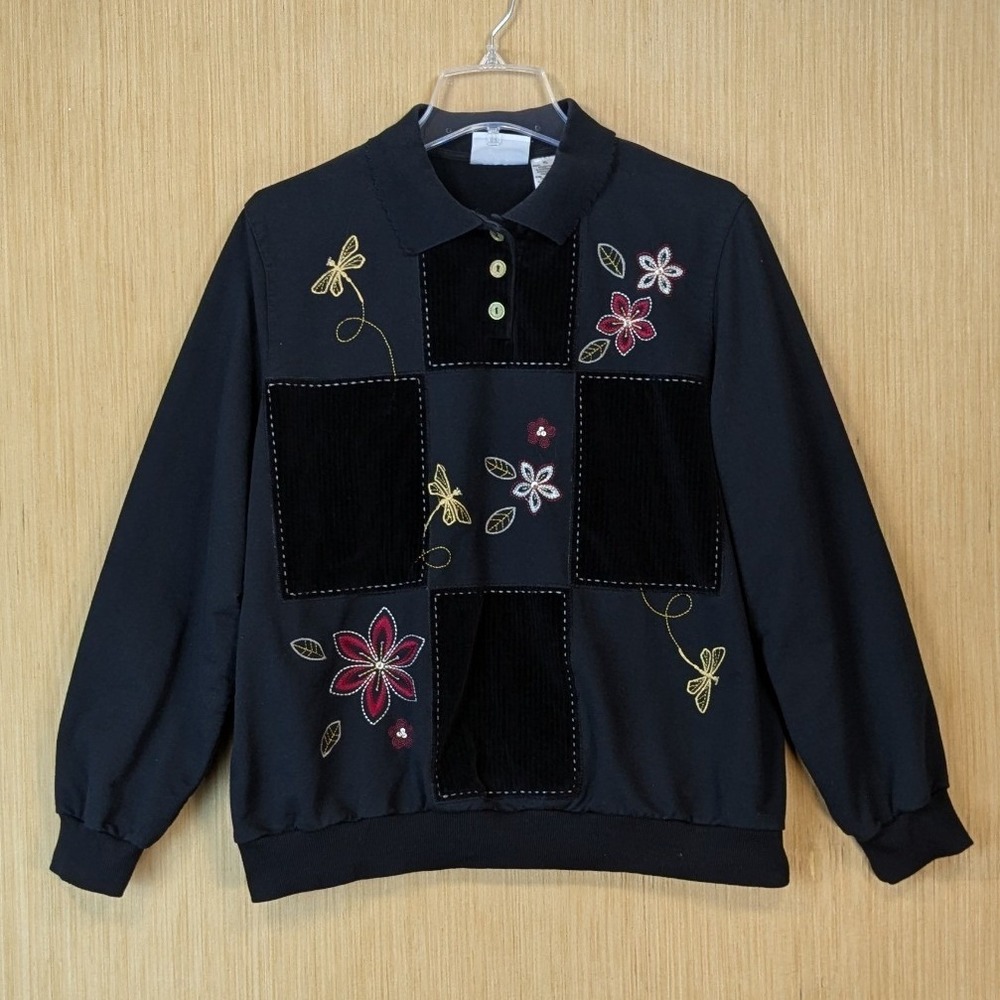 Alfred Dunner Top Women XL Black Corduroy Patchwork Retro 90s Embroidered Floral